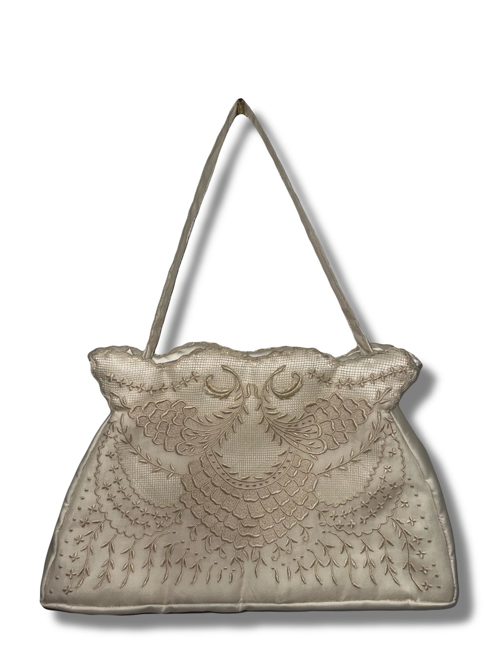 Vtg Cream Organdy Embroidered Purse